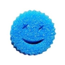 Burete de Vase, Flippy, Rotund, din Burete PU, Model Smiley Face, Doua Fete, 10 x 4 cm, Albastru/Galben