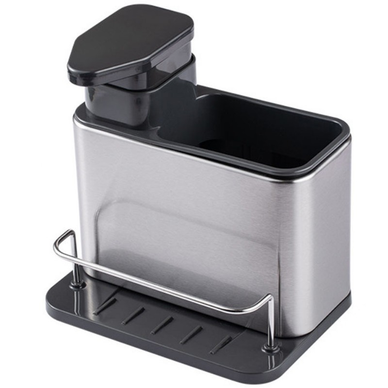 Dispenser Multifunctional, Flippy, Dozator pentru Detergent, pentru Sapun Lichid, Dezinfectant, cu Suport pentru Ustensile, 18.5 x 18 x 12.8 cm Negru