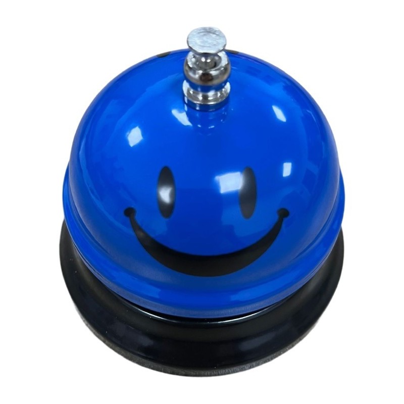 Clopotel Metalic Multifunctional, Flippy, Albastru cu Imprimeu Smiley Face, 7.5x7.5x6.5 cm, Receptie, Restaurant, Cafenele