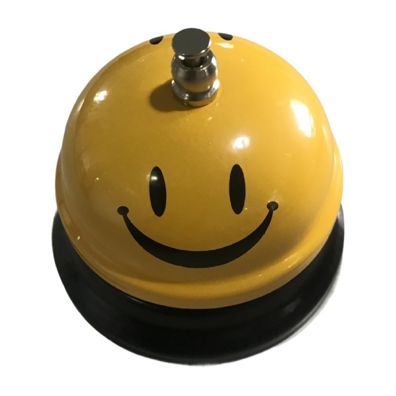 Clopotel Metalic Multifunctional, Flippy, Galben cu Imprimeu Smiley Face, 7.5x7.5x6.5 cm, Receptie, Restaurant, Cafenele