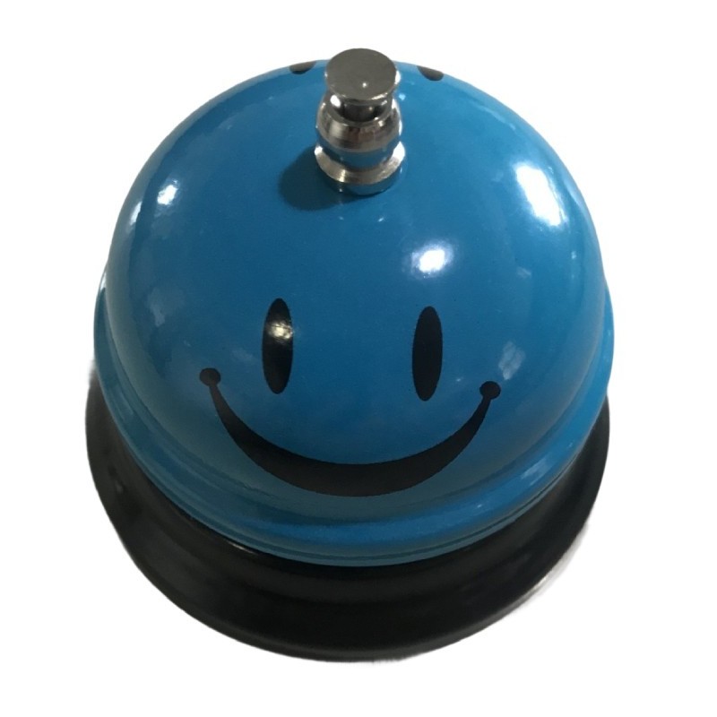 Clopotel Metalic Multifunctional, Flippy, Albastru Deschis cu Imprimeu Smiley Face, 7.5x7.5x6.5 cm, Receptie, Restaurant