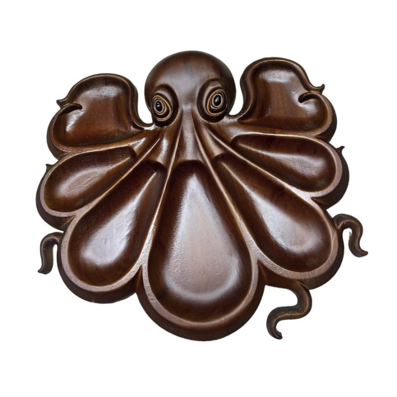 Platou pentru Servire, Flippy, in Forma de Caracatita, 8 Compartimente pentru Mezeluri Branzeturi Snacksuri, Design Artistic, din Lemn Masiv, 26 x 25 x 3 cm, Maro inchis