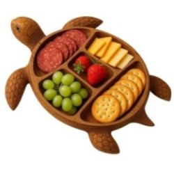 Platou pentru Servire, Flippy, in Forma de Broasca Testoasa, 3 Compartimente pentru Mezeluri, Branzeturi, Snacksuri, Fructe, Design Artistic, din Lemn Masiv, 24 x 24 x 3 cm, Maro