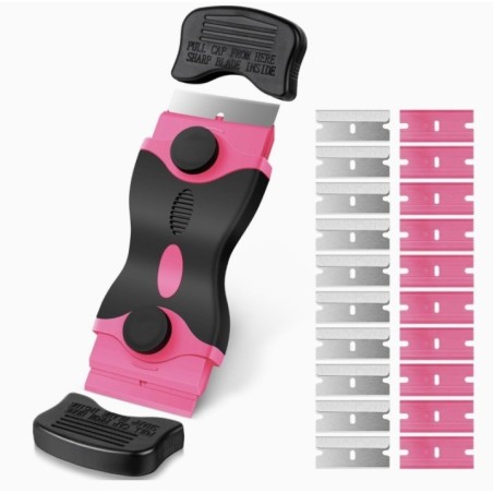 Racleta Multifunctionala pentru Curatare Sticla si Ceramica, Flippy, Design Ergonomic, Maner Anti-alunecare, Include 20 de Lame de Schimb, 12,5 x 4,5 cm, Roz