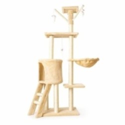Ansamblu de Joaca pentru Pisici, Flippy, Cat Climbing Frame Multifunctional, cu Platforme, Cusca, Hamac si Scara de Catarare, 49x35x135 cm, Crem