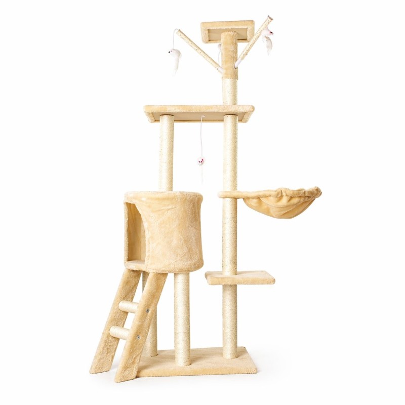 Ansamblu de Joaca pentru Pisici, Flippy, Cat Climbing Frame Multifunctional, cu Platforme, Cusca, Hamac si Scara de Catarare, 49x35x135 cm, Crem